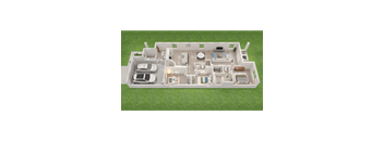 A 3D floor plan of a house with a car parked in the driveway.