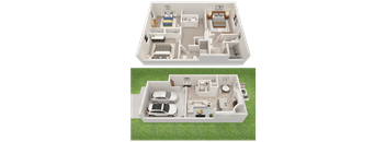 Two floor plan images of a house with a car parked in the driveway.