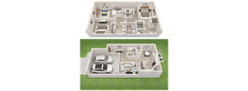 A top-down view of a house plan with a living room, kitchen, and two bedrooms.