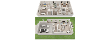 Two floor plans of a house with a car parked in the driveway.