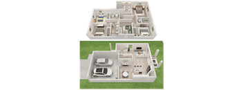 A 3D floor plan of a house with two cars parked in the garage.