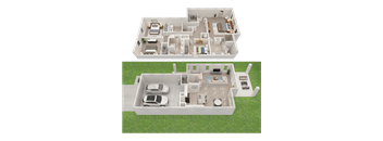 A top-down and side view of a house layout with a garage and a backyard.