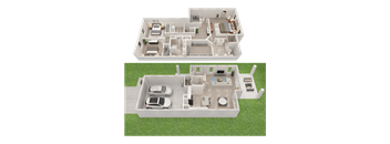 Two floor plan images of a house with a car parked in the driveway.