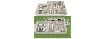 Two floor plans of a house with a car parked in the driveway.