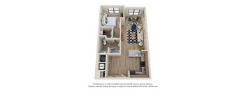 Sky Harbor Apartments in Chamblee, GAA 3D floor plan of an apartment with a kitchen, living room, and bathroom.