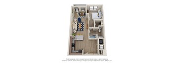Sky Harbor Apartments in Chamblee, GAA 1b 1b 3D floor plan with a kitchen, living room, and bedroom.