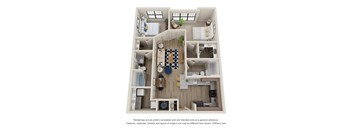 Sky Harbor Apartments in Chamblee, GAA 2b 2b 3D floor plan of a house with a kitchen, living room, and dining area.