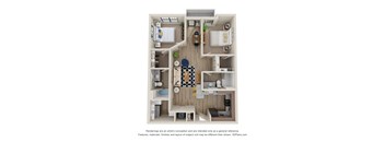 A 3D floor plan of a small apartment with a kitchen, living room, and bathroom.