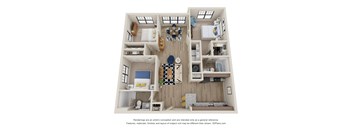 Sky Harbor Apartments in Chamblee, GAA 3b 2b 3D floor plan A 3D floor plan of a small apartment with a kitchen, living room, and two bedrooms.