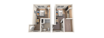 A 3D rendered image of a small apartment layout.