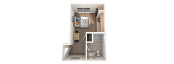 A 3D rendered image of a small apartment layout.