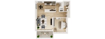 A top-down view of a living room with a couch, a coffee table, and a television.