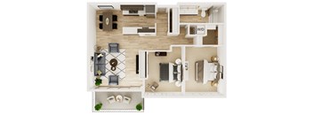 A floor plan of a house with a living room, dining room, kitchen, and bathrooms.