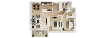 A floor plan of a home with a living room, dining room, kitchen, and bathrooms.