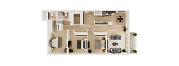 A top-down view of a living room, kitchen, and dining area.