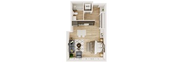 A floor plan of a small apartment with a living room, kitchen, and bathroom.