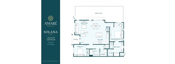 A floor plan for the Amare Santa Fe Solana, a 2 bedroom, 2 bathroom property, is shown.