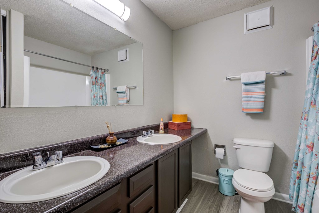 Bathroom with a double vanity and large mirror at Somerset Apartments, a pet-friendly community near Charlotte and Huntersville, NC.