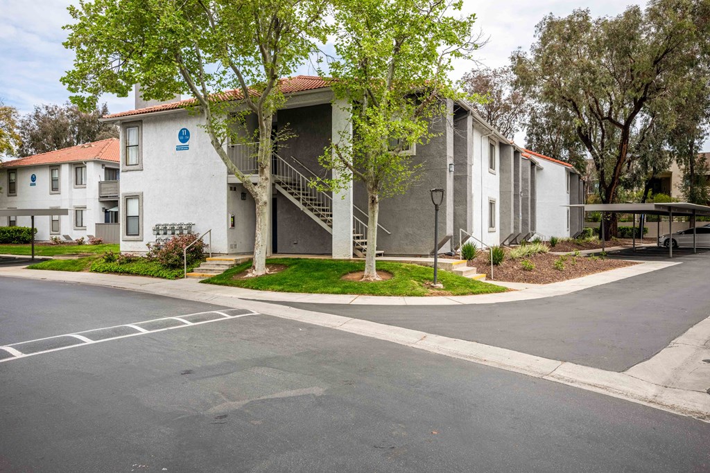 the street in front of an apartment building with trees