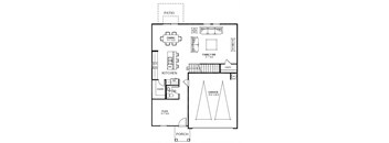 a floor plan of a house with a porch and a small kitchen