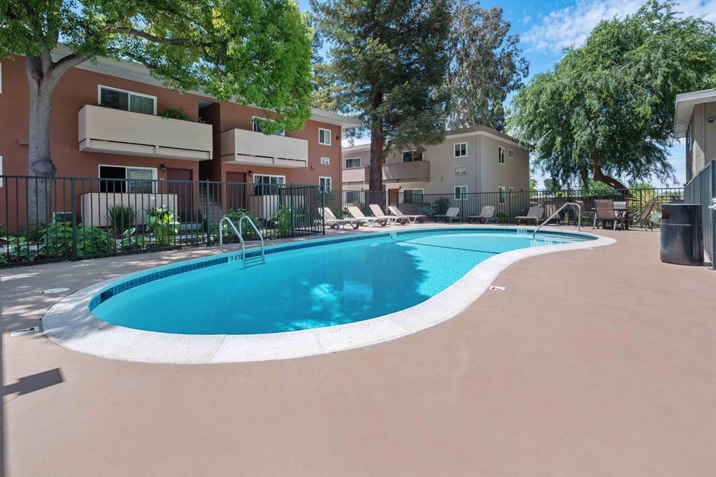 One-Bedroom Apartments in Milpitas, CA - Spring Valley - Swimming Pool With Tanning Chairs, Large Trees, and Tables And Chairs.