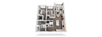 A 3D floor plan of a small apartment with a kitchen, living room, and bathroom.