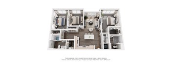 A 3D floor plan of a house with two bedrooms, a living room, a kitchen, and a bathroom.