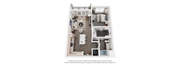 A 3D floor plan of a small apartment with a kitchen, living room, and bathroom.
