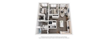 A 3D floor plan of a small apartment with a kitchen, living room, and bathroom.