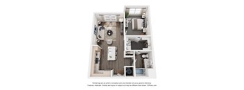 A 3D floor plan of a small apartment with a kitchen, living room, and bathroom.