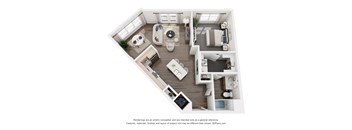 A 3D floor plan of a modern apartment with a kitchen, living room, and bedrooms.