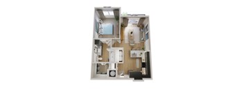 A 3D floor plan of a small apartment with a bedroom, living room, kitchen, and bathroom.