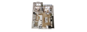 A 3D floor plan of a small apartment with a living room, kitchen, and bedroom.