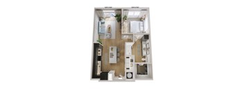 A floor plan of a small apartment with two bedrooms and a living area.