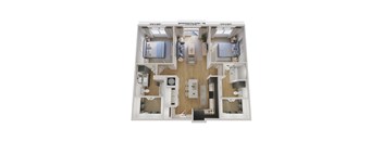 A 3D floor plan of a small apartment with two bedrooms, a living room, and a kitchen.