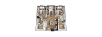 A top-down view of a floor plan showing a living room, kitchen, and two bedrooms.