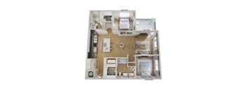 A 3D floor plan of a small apartment with a kitchen, living room, and bedrooms.
