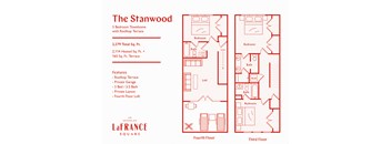 A red floor plan for a 3 bedroom townhome with a rooftop terrace.
