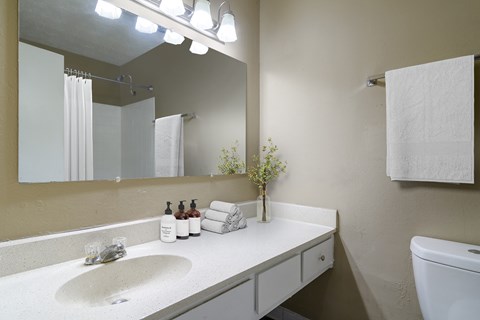 Modern bathroom with granite countertops, sleek fixtures, and ample lighting in a pet-friendly apartment at Stratford Ridge Apartments in Marietta, GA.
