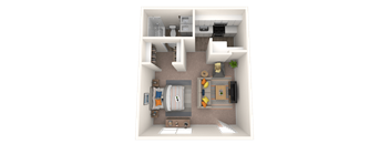 A 3D rendered image of a small apartment layout.