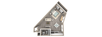 A 3D rendered image of a house layout.