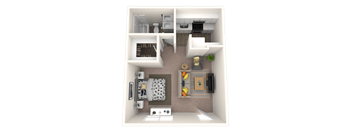A 3D floor plan of a small apartment with a kitchen, living room, and bathroom.