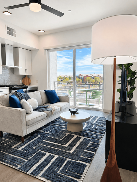 A living room with a white couch and a black and white rug.