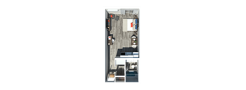 Studio Western floor plan with 1 bathroom and 347 sq. ft. at Passenger Flats, a pet-friendly apartment community in Chattanooga, Tennessee.
