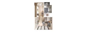 A collage of images showing a modern interior space with a kitchen, dining area, and living room.