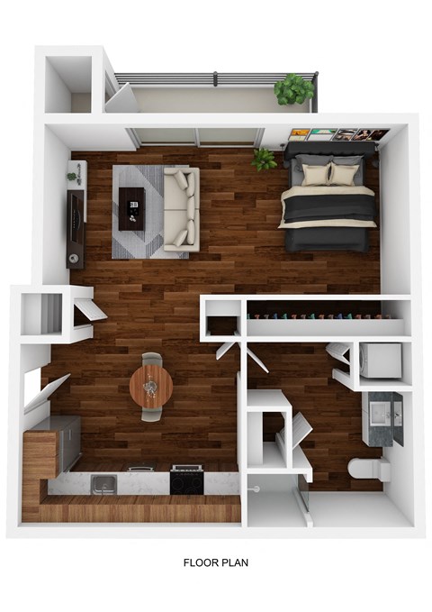 an overhead view of a bedroom with a bed and a couch