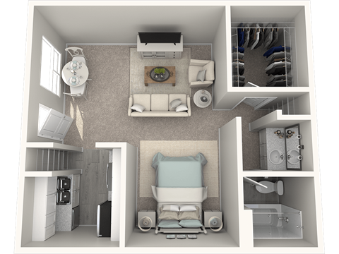 a floor plan of a studio apartment with a bedroom and a living room