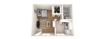 A 3D floor plan of a small apartment with a kitchen, living room, and bedroom.
