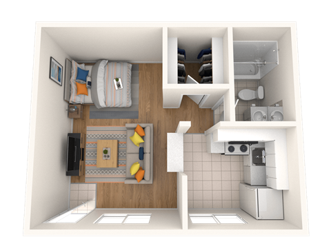 A 3D floor plan of a small apartment with a kitchen, living room, and bedroom.