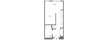 A floor plan of a small apartment with a living room, kitchen, and bathroom.